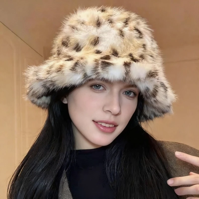 Damen-Mütze mit Leopardenmuster aus Kunstfell, warm, verdickt, Gehörschutz, lässige Wintermütze für großen Kopfumfang für Herbst und Winter