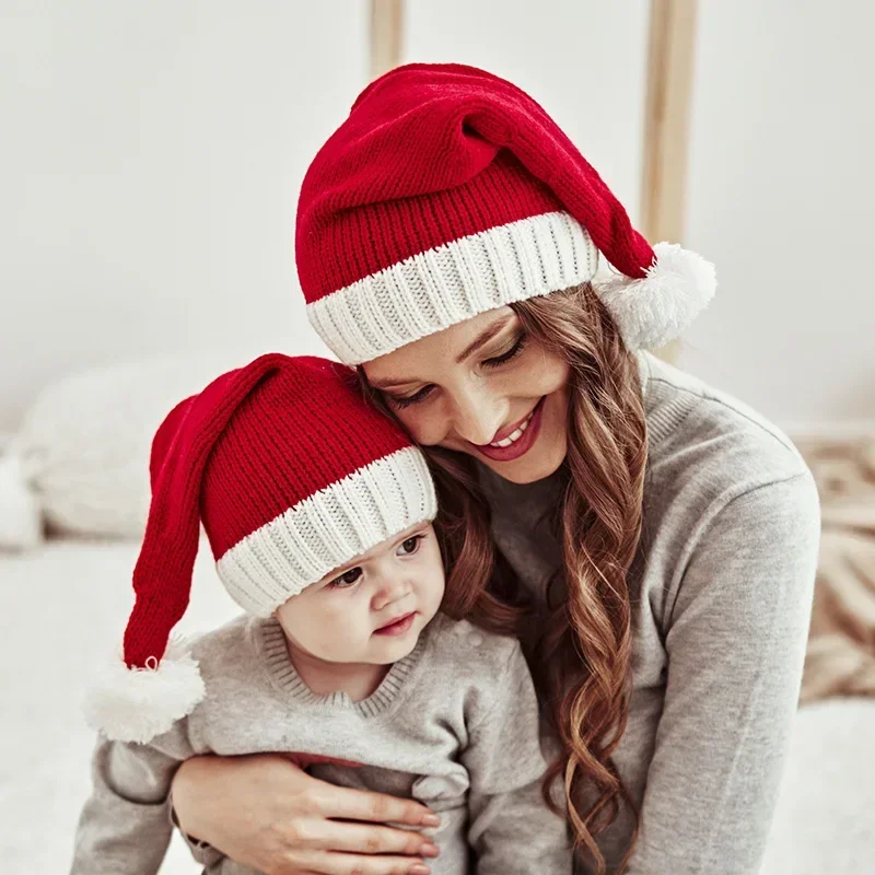 Parent-Child Christmas Hat Big Pompom Mother Kids Knit Beanie Cap Winter Warm Infant Bonnet Girls Boy Xmas Gift Baby Accessories