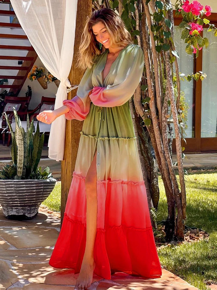 Bladeren Print Bikini Beach Cover up Tunieken voor Strand Lange Kaftan Bikini Cover up Robe de Plage Sarong Strand Badpak cover-ups