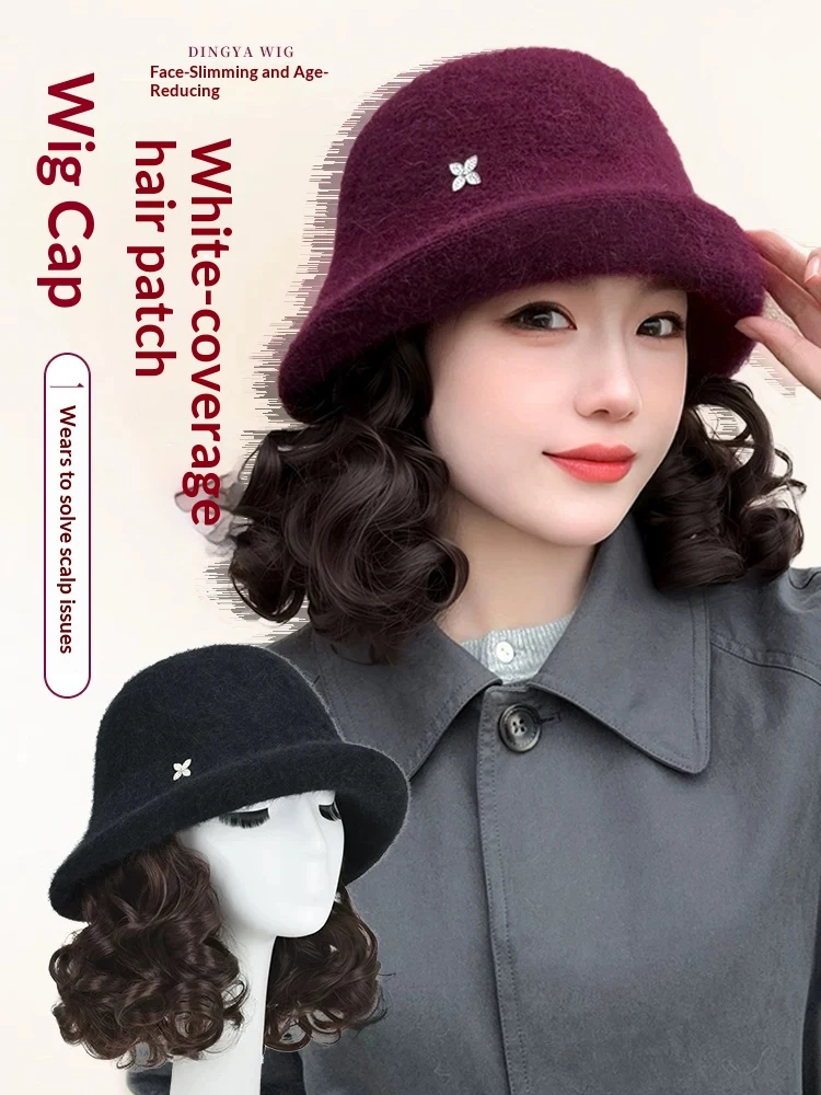 vintage elegant wool small hat Synthetic integrated Hat wig Autumn And Winter fisherman's hat Warm hat wig for women daily wear