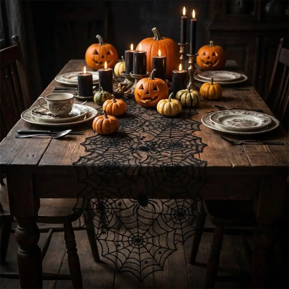 Translucent Spider Web Black Lace Table Runner with Spider Pendant Long Strip Halloween Table Cover Mesh