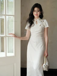 New Chinese Cheongsam Improved Daily Vintage Chinese Short Sleeve Stand Collar Women Daily Embroidery White Black Qipao Dress