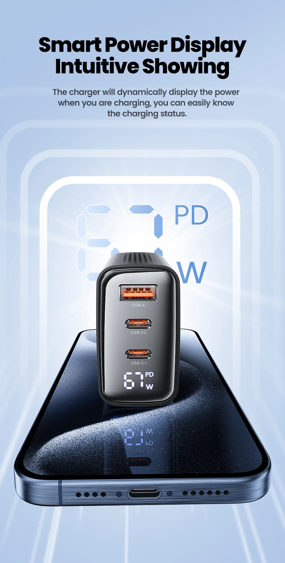 Toocki 67W GaN USB Fast Charger PD 65W 45W PPS Digital Display Type C Quick Charger For iPhone 15 16 17 Samsung S23 S24 Macbook
