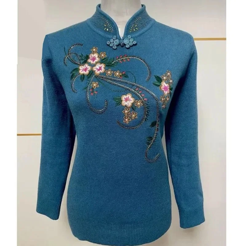 

2025 женский свитер большого размера 5XL, куртка среднего возраста для мам с длинными рукавами и вышивкой, зимняя женская вязаная куртка с воротником Cheongsam