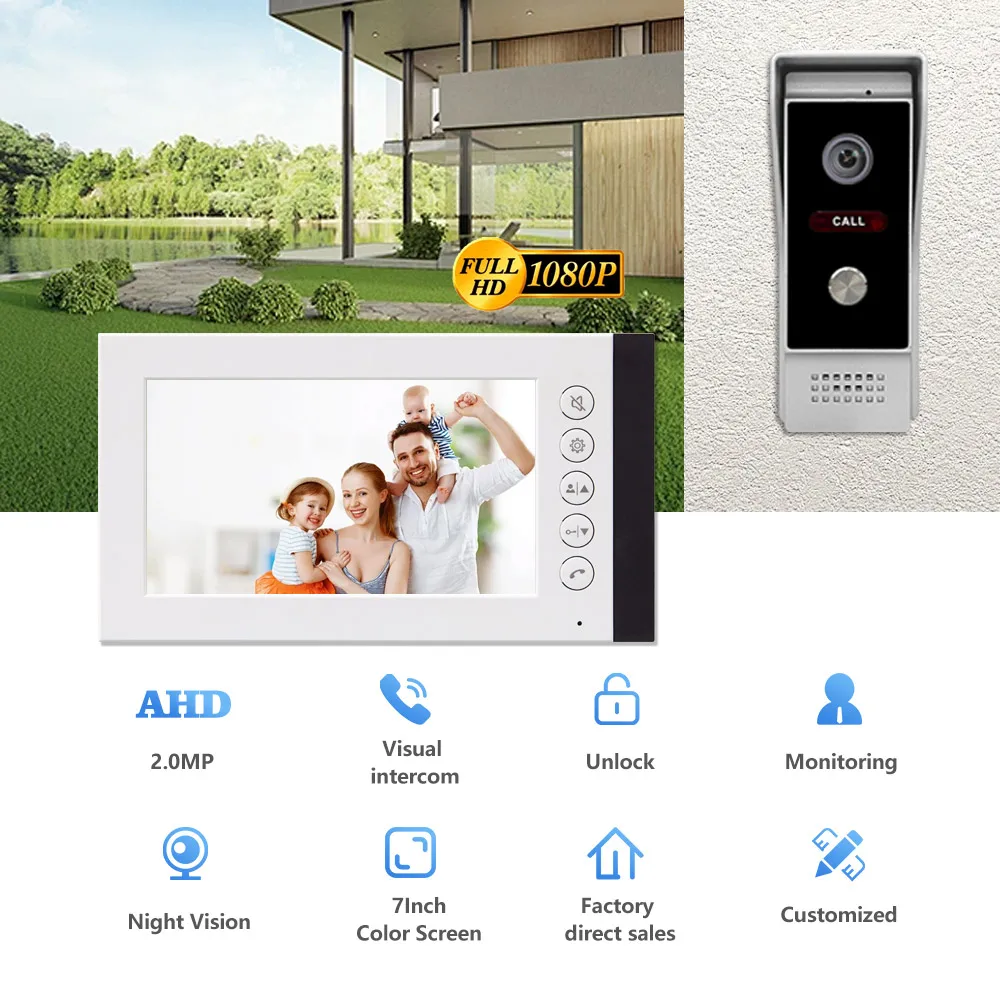 Factory Wholesale Video Door Phone System Home Intercom with 7Inch Touch Screen Display AHD 1080P Doorbell
