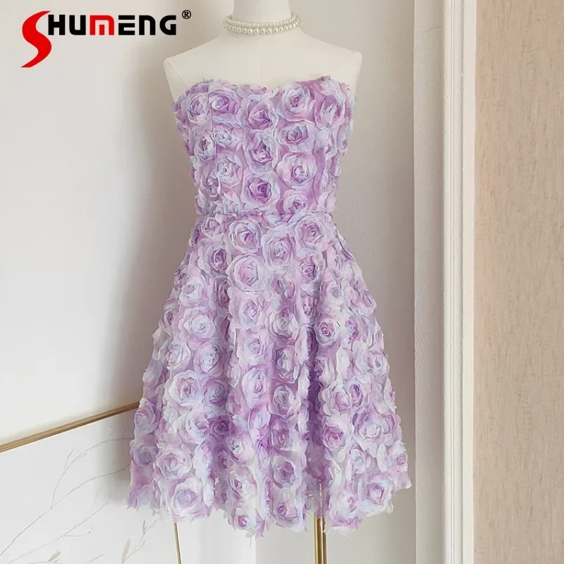 

2024 Autumn New French Style Vestidos Mujer Sexy Three-dimensional Flower Cutting Fishbone Tube Top Gradual Change Color Dress