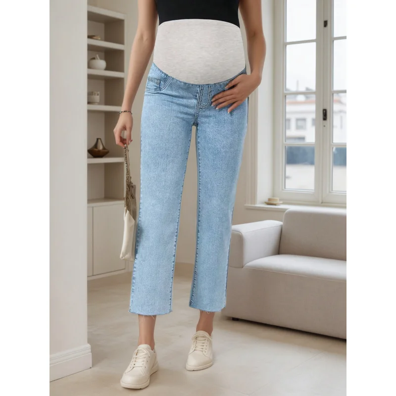

YUWANNIAN Maternity Straight Leg Jeans for Women – Over Bump High Waisted Cropped Denim Pants, Loose Fit Pregnancy Jeans #9356