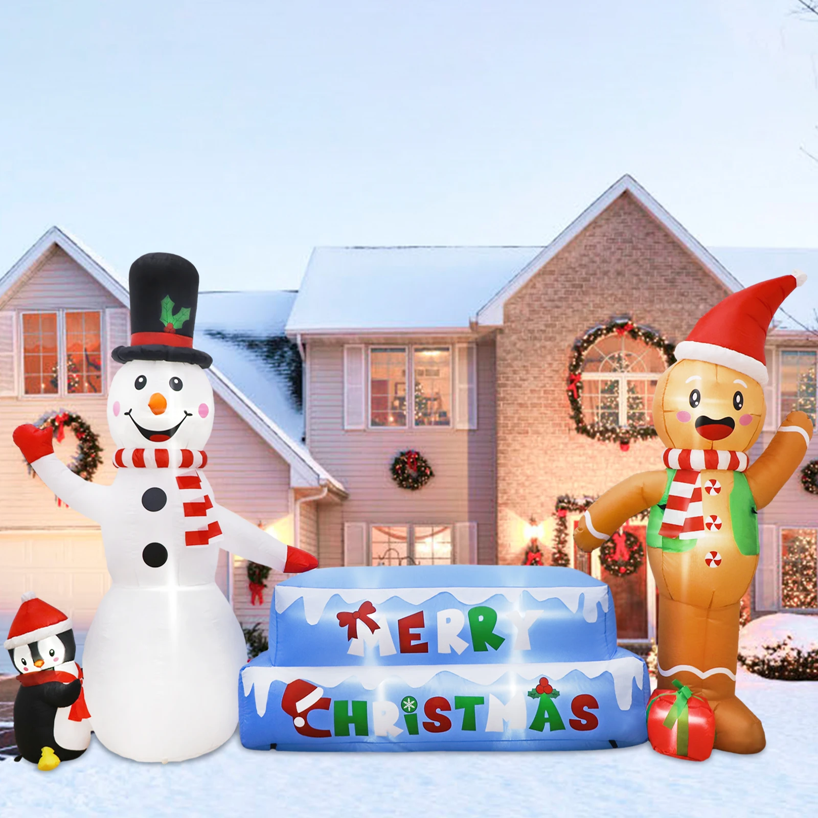 10FT Christmas Inflatables Merry Christmas Inflatable Snowman Inflatable Gingerbread Man Christmas Blow Up Yard Decorations