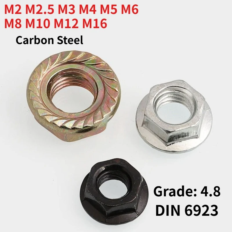 DIN6923 Hex Flange Lock Nut Carbon Steel Serrated Anti‑Vibration Nut Nickel / Black Zinc / Yellow Color Zinc Plated Metric Sizes