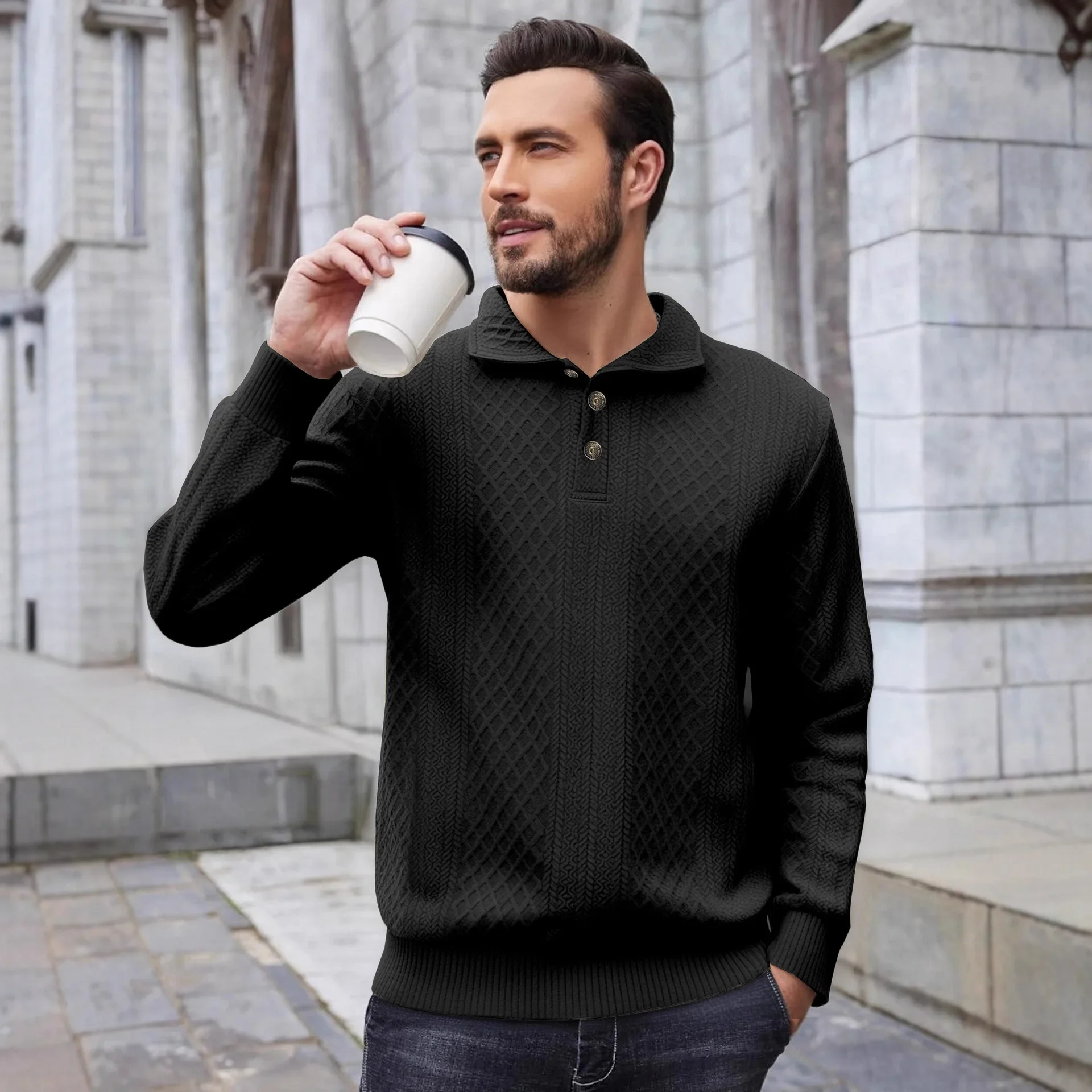 قميص رجالي 2025 بأكمام طويلة فضفاض وطية صدر السترة من قماش الجاكار بلوفر مغزول مع أزرار وسحابات لخريف وشتاء #2