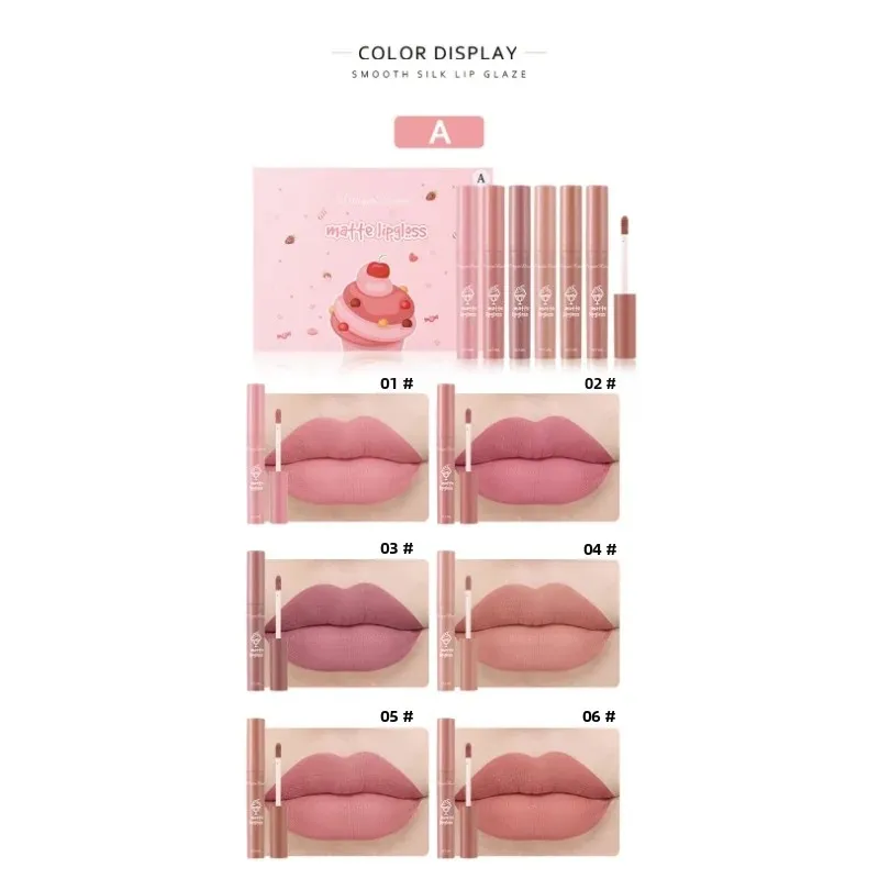 Dragon Ranee Lip Glaze 6 szt. Aksamitny matowy mini zestaw balsamów do ust Wysoce pigmentowana, długotrwała wodoodporna, odporna na pot szminka Rude