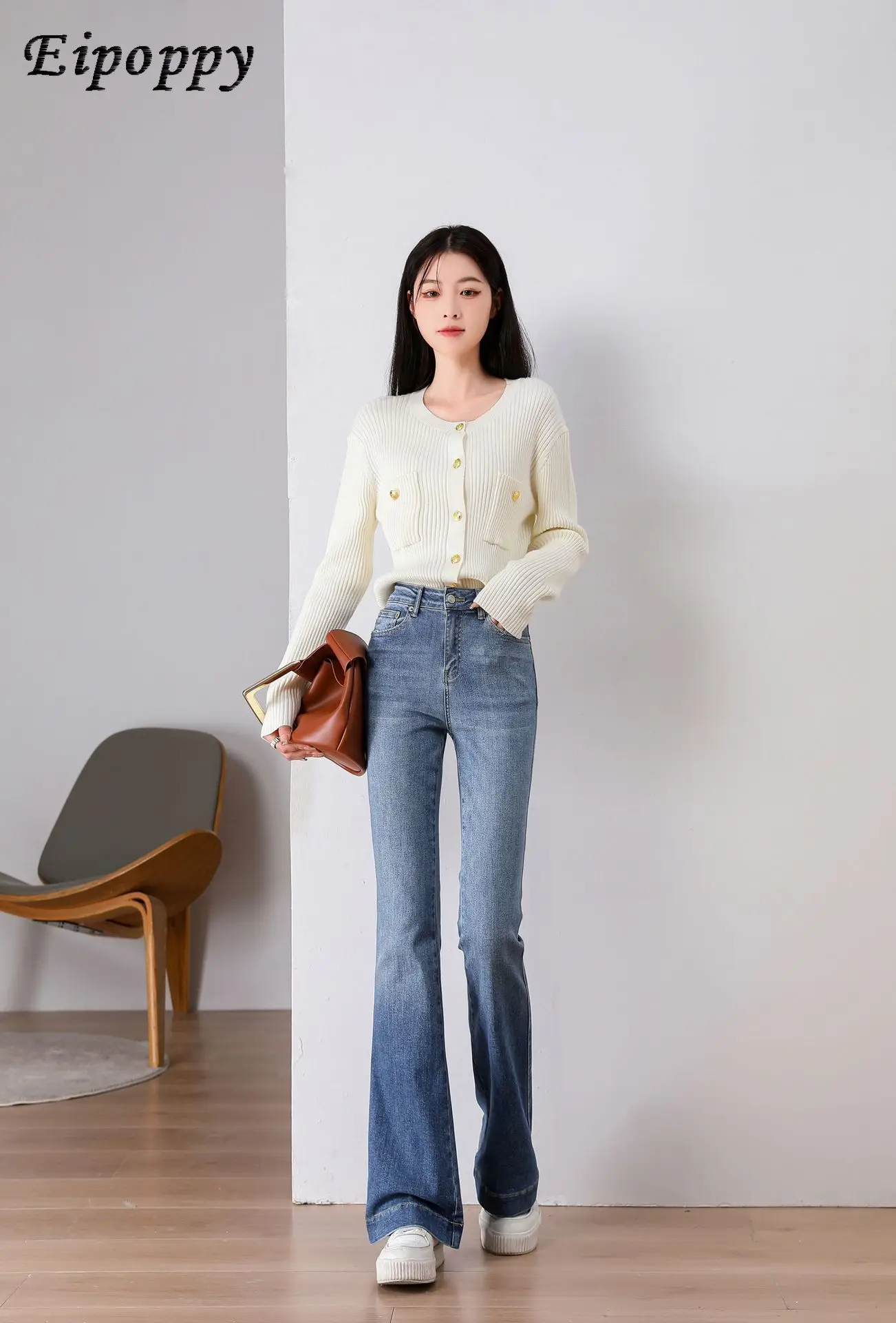 Pantalones vaqueros elásticos de cintura media para mujer, Jeans de herradura de Color de contraste Simple y delgado, pantalones con fondo de campana