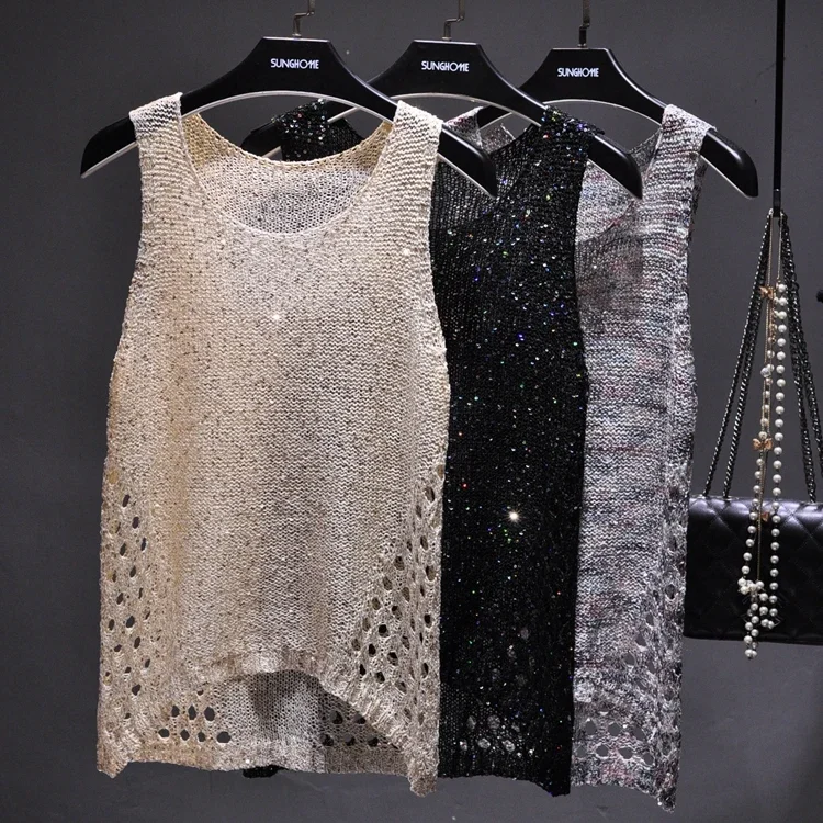 0 New sexy bling bling gold shiny hollow out knitted tank tops women Silver sequined tank tops women shiny knited vest tops