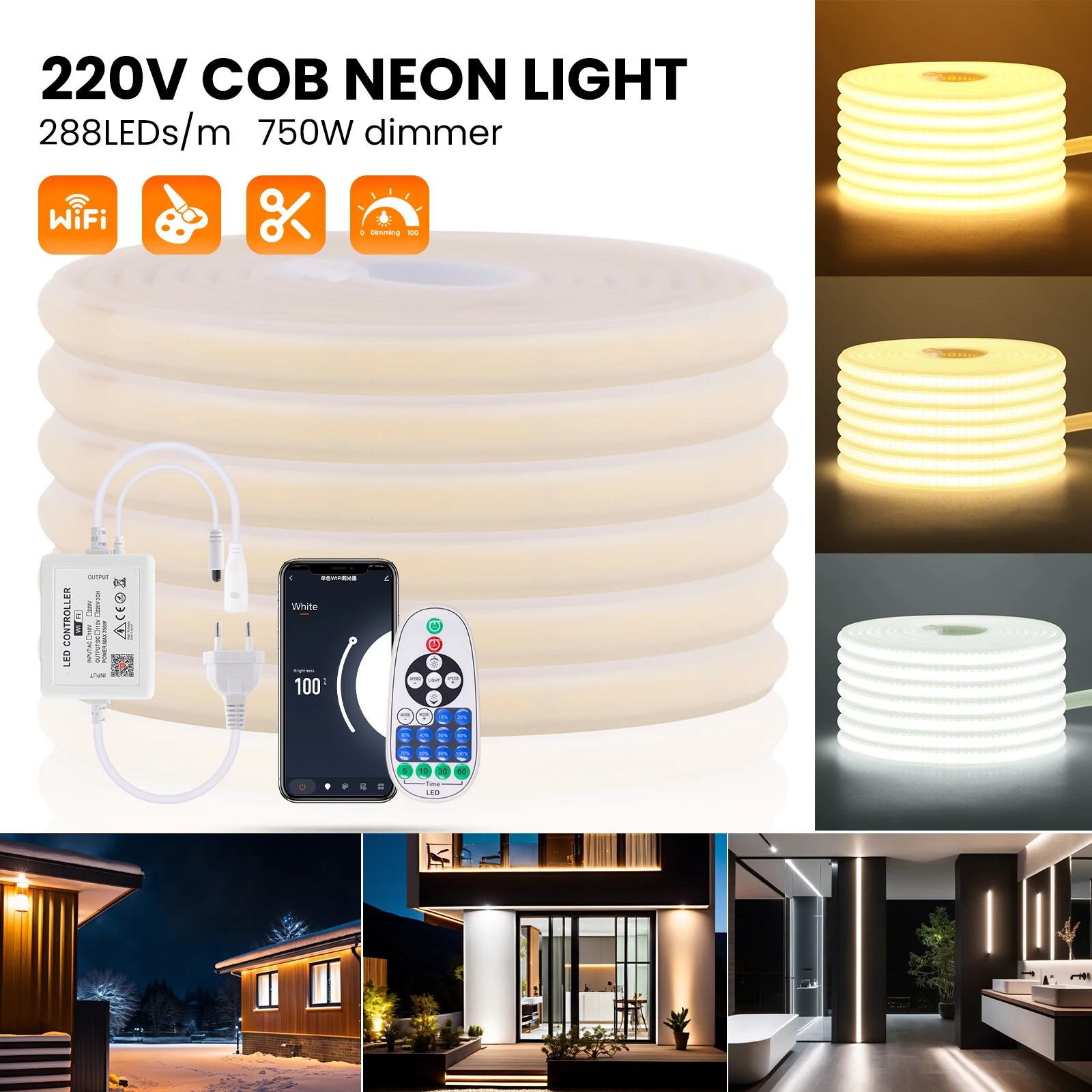 Dimmable LED Neon Light Strip, Tuya, WiFi, Alexa Control, Fita Impermeável, Regulável, COB, Branco, Vermelho, Gelo, Azul, Rosa, Amarelo, Roxo, Verde, 220V