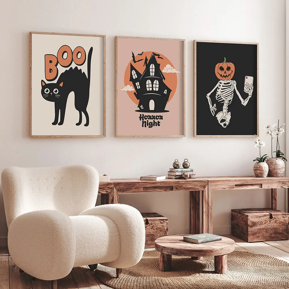 Halloween Trick or Treat Poster Spooky Cat Boo Art Print Pumpkin Canvas Painting Vintage Fall Wall Picture Living Room Decor