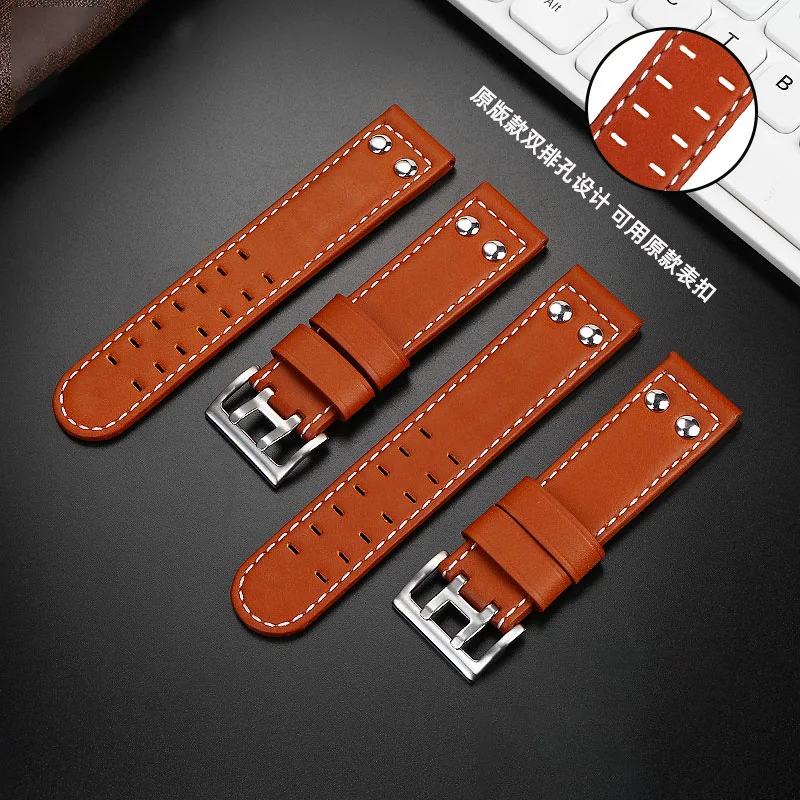 20mm22mm double-sided cowhide watchband for Hamilton Khaki Aviation Field Series Men's with willow studs strap watch accessories