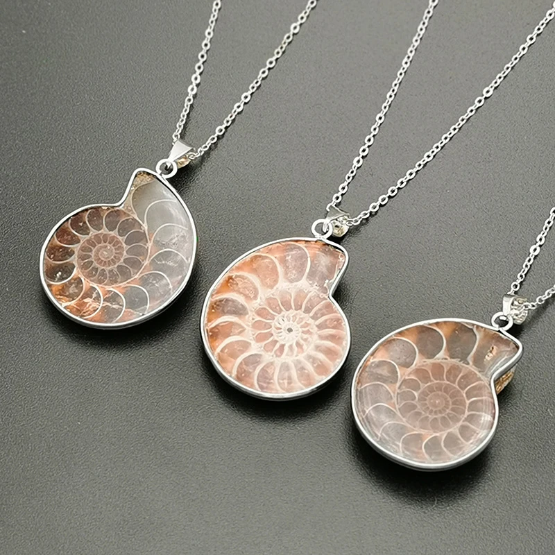 Natural Stones Pendants Necklace Ammonite Seashell Snail Ocean Reliquiae Conch Animal Raw Stone Necklace Men Jewellery