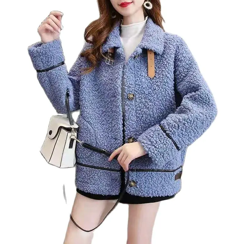 Lamb Wool Coat Women\'s Long-sleeved Korean Version Loose Autumn And Winter All-match Thick Fur One Plush Solid Color Warm Top