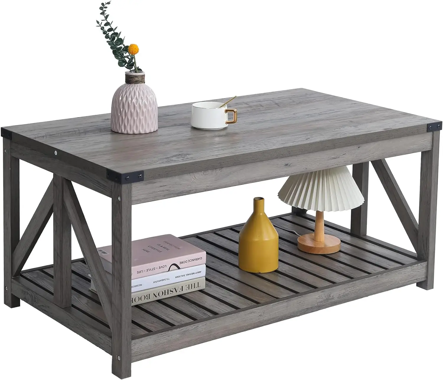 Sophia Coffee Table, Farmhouse Coffee Table with Slat Shelf and Corner Protection, 40 Inches, Washed Oak