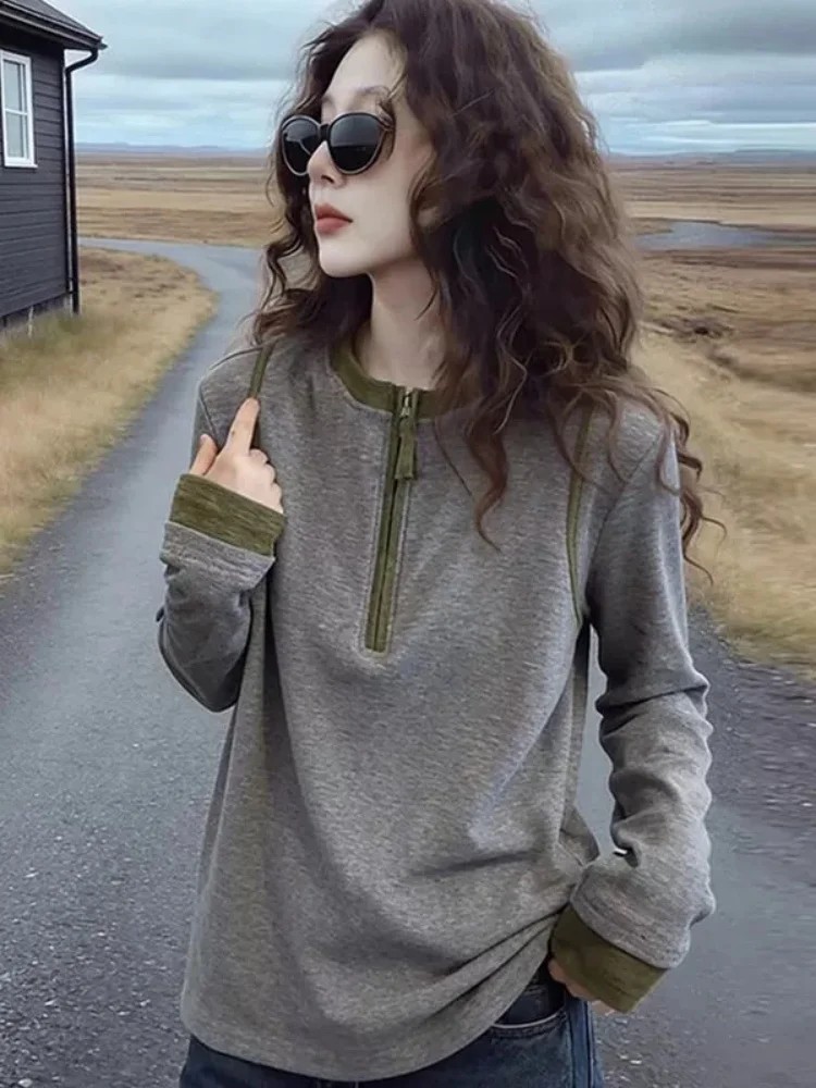 Slimming Effect Half Zip Long Sleeve Base Shirt Women's Fashionable Color Block Commute Style Autumn New Arrival Top