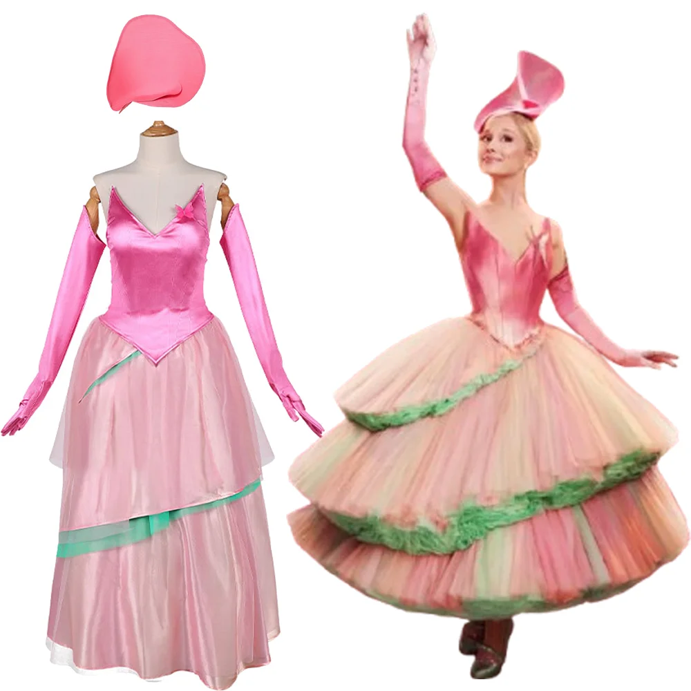 Wicked Glinda Cosplay Costume Pink Ball Gown Prinecess Dress Long Crinoline Pannier Farthingale Fancy Women Halloween Outfits