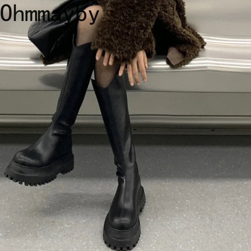 Punk Style Women Knee-High Boots Fashion Soft Leather Shoes Autumn Winter Platform Heel Women\'s Long Booties