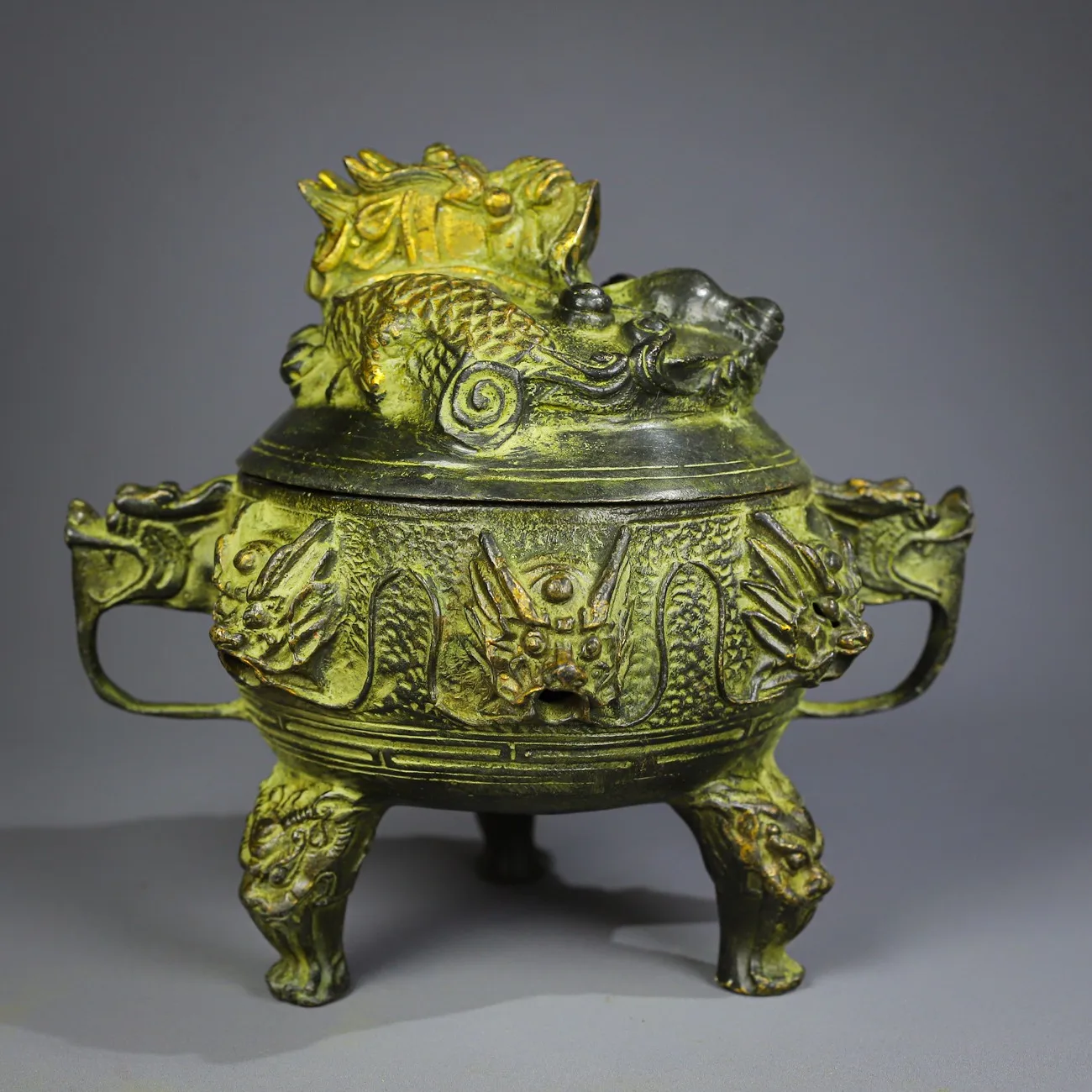 6 "مجموعة معبد التبت نمط التنين النحاسي القديم أذن التنين ثلاثة أرجل مبخرة جمع الثروة الحلي