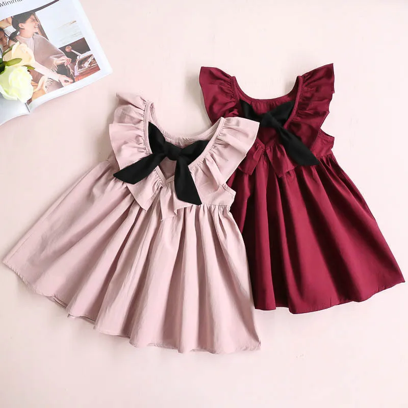 

Summer Girls Dresses Flying Sleeve Dress Casual Ruffled Dresses Solid Back Bowknot A Line Baby Dresses Kids Clothes