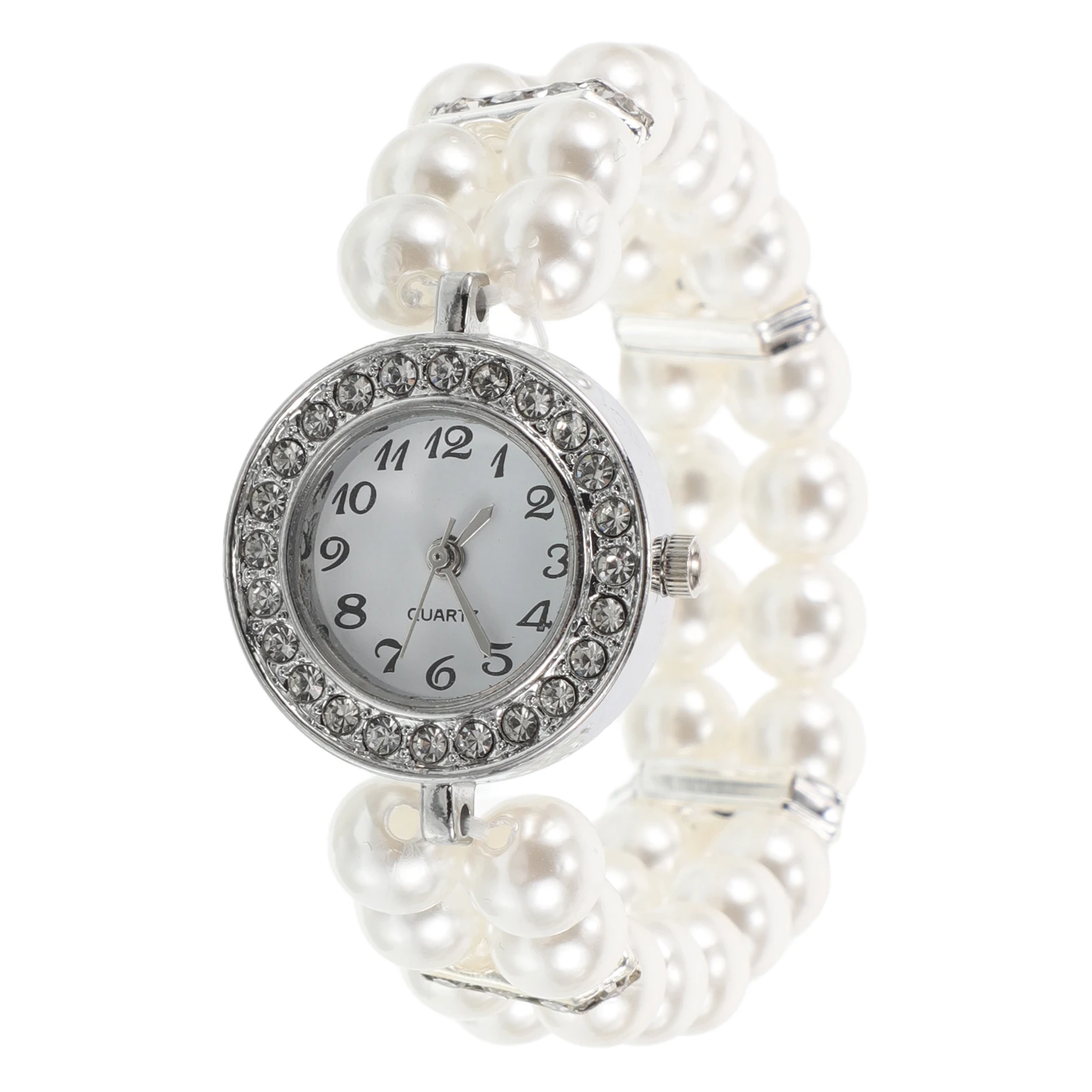 

Pearl Bracelet Jewelry Bling Watch Double Row Elastic Christmas Watches for Women White Bangle Lady Elegant Rhinestone