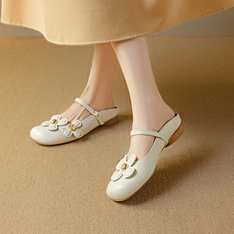 

Genuine Leather Flower Flats Slippers Women's Sandals Elegant Square Toe Mules Shoes Trend Slides New Dress Mujer Sandalias