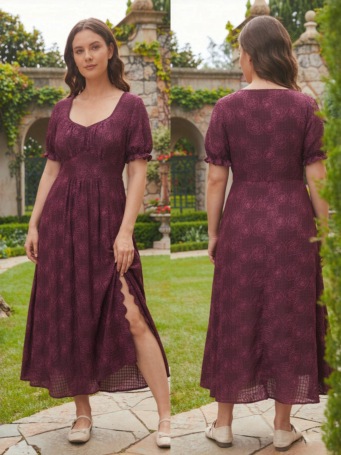 ROSEGAL Plus Size Plaid Floral Jacquard Dress Women's Summer Puff Sleeve Ruched A-Line Split Midi Dress Wine Red Vintage Vestido