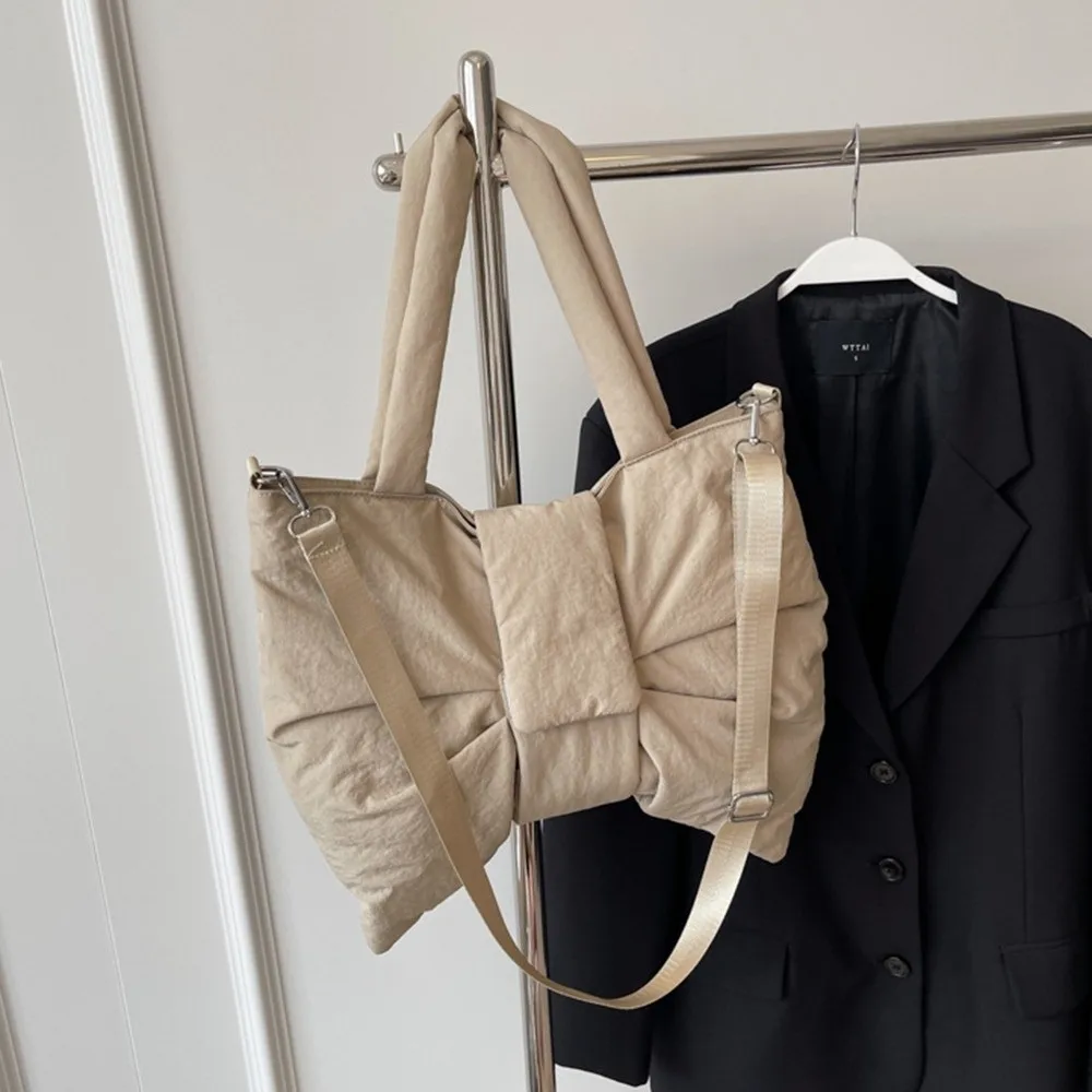 الكورية نمط Ruched Bowknot حقيبة كتف سعة كبيرة مبطن بالقطن النايلون مبطن حمل حقيبة لينة التنقل حقائب كروسبودي #2
