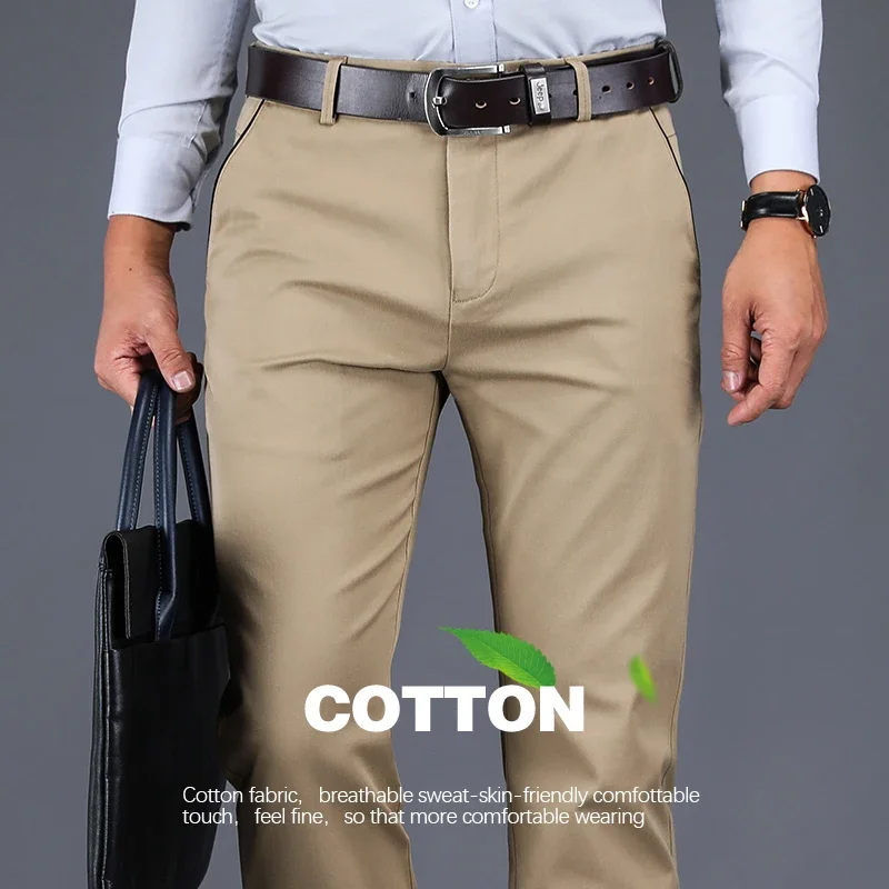 

2024 New 98% Cotton Casual Pants Men Classic Business Straight Baggy High Waist Elastic Trousers Male Brand Clothes