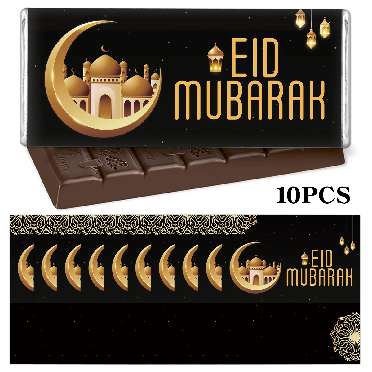 

10sheets Ramadan Eid Mubarak Chocolate&Candy Wrap Stickers,Islamic Decals For Gifts Packaging Decor,Eid Blessed Labels Supplies