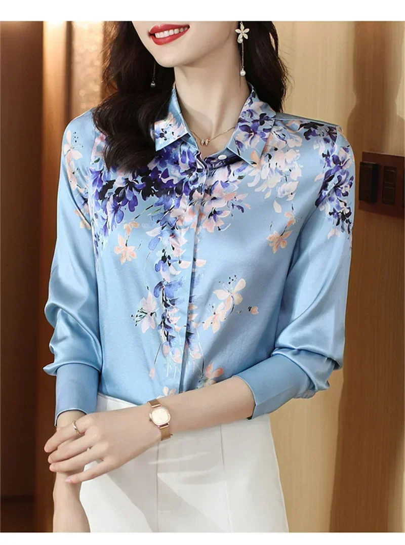 Women\'s Blouse Printed Satin Summer Shirts Lapels Long Sleeves Faux Silk Shirt Female Elegant Blouses Blusas Para Mujer 6673