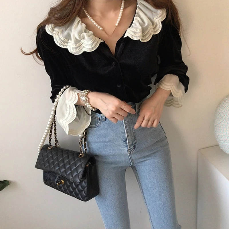 Hikigawa Autumn Chic Fashion Korean Blouse Peter Pan Collar Vintage Elegant Shirt All Match Lace Patchwork Blusas Tops Mujer