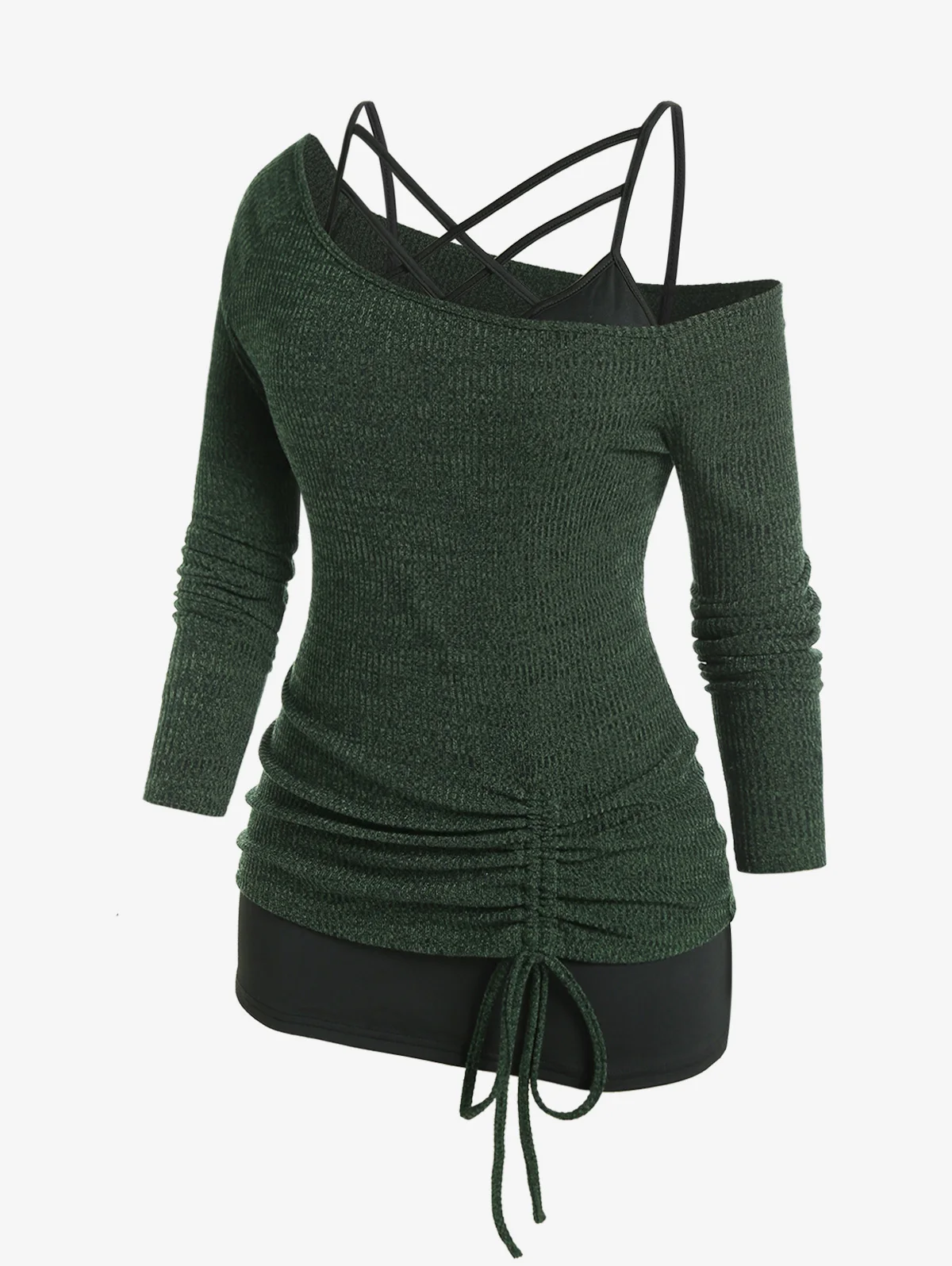 

ROSEGAL Plus Size Women's T-shirts Black Crisscross Strappy Camisole And Deep Green Rib-knit Cinched Top Set New Two Pieces Tees