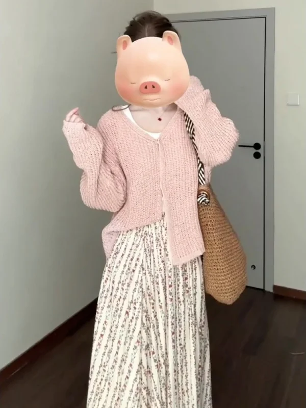 

Faionable V-Ne Pink Knitted Open Cardigan Women's Loose ort Sle Outerwear Casual Chic Sle Autumn Season Long Sve