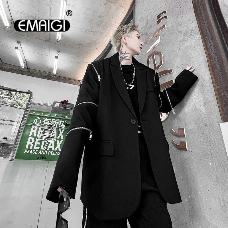 Net Celebrity Zipper Sleeve Blazers Men Korean Streetwear Fashion Loose Casual Hip Hop Balzer Suit Jacket Women Coat Outerwear