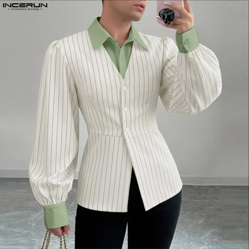 

INCERUN Men Shirt Striped Patchwork Lapel Long Sleeve Button Men Clothing Streetwear Loose Fashion Casual Male Shirts Tops S-5XL