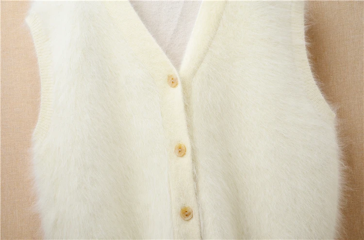 Ladies Women Fall Winter Clothing Beige Hairy Plush Mink Cashmere Knitted Sleeveless Thick Warm V-Neck Jacket Vest Sweater Coat