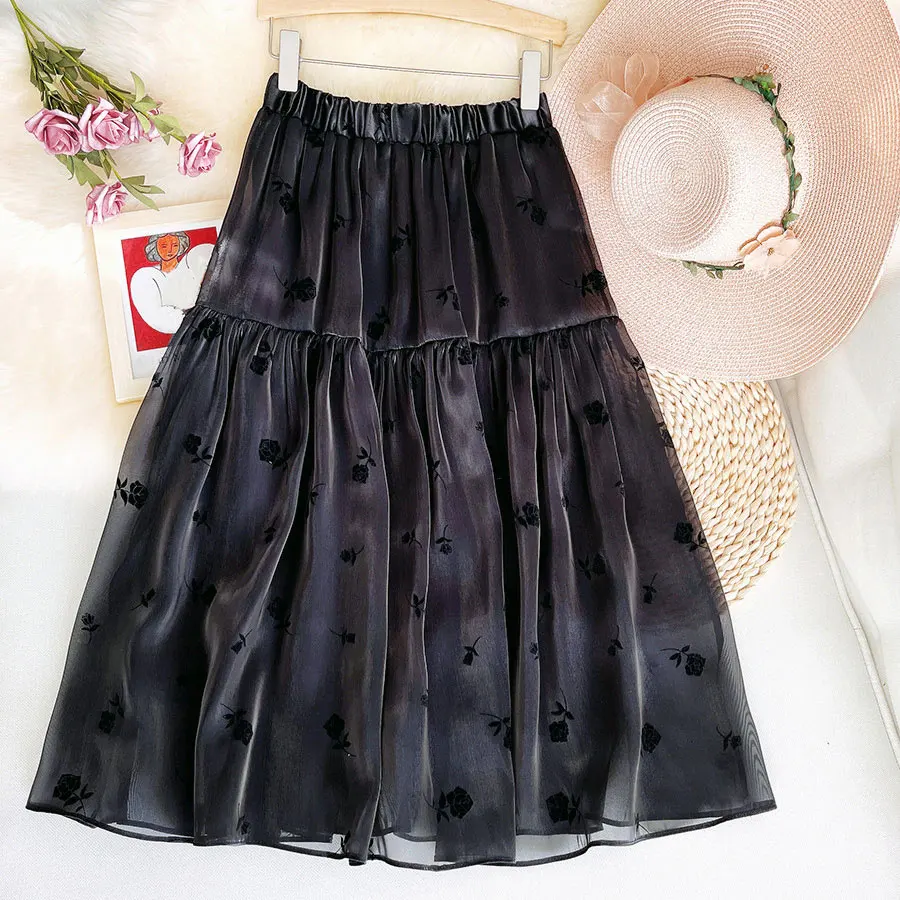 

2022 New Spring Women Skirts Elastic High Waist A-Line Skirts Women Flocking Floral Skirt Elegant Sweet Tutu Skirt Femme Outwear