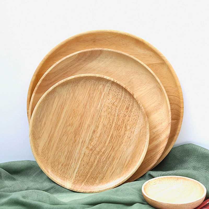 3Pcs Round Wooden Plate Set Serving Tray Dishes Wood Snack Dessert Food Plate Cake Fruit Serving Plate Tea Tray Wooden Tableware