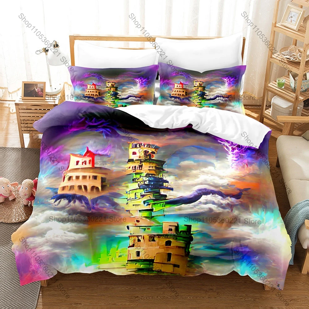 Cool Magical Floating Elven Steampunk Fantasy City HD Print Bedding Set Duvet Cover + 2 Pillowcases Polyester Game Room Decor