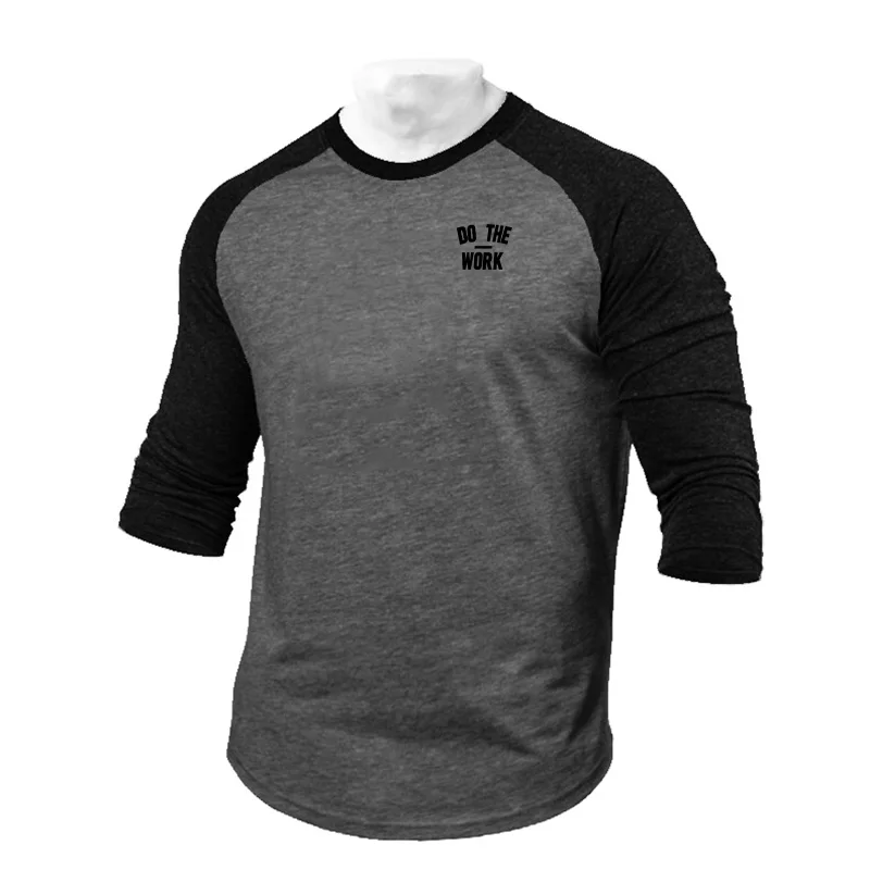 

Running Three-quarter Sleeves Men T-shirt Spring Autumn Patchwork Gym Clothing Fitness Pure Cotton Sports Raglan