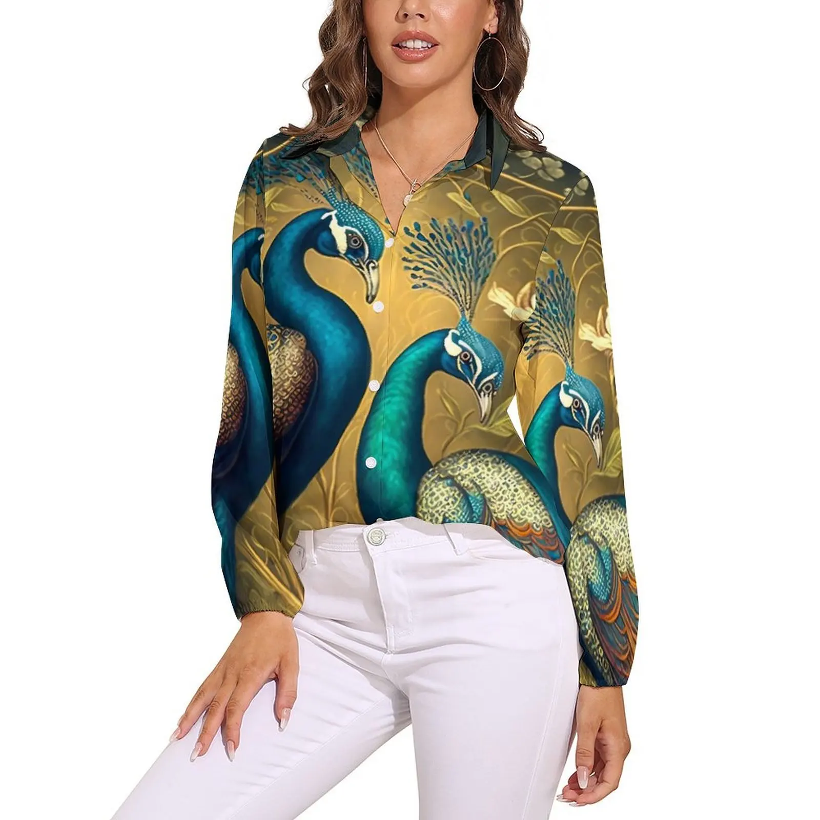 

Peacock Friends Blouse Female Animal Print Casual Loose Blouses Long Sleeve Kawaii Shirt Pattern Clothes Big Size 2XL 3XL