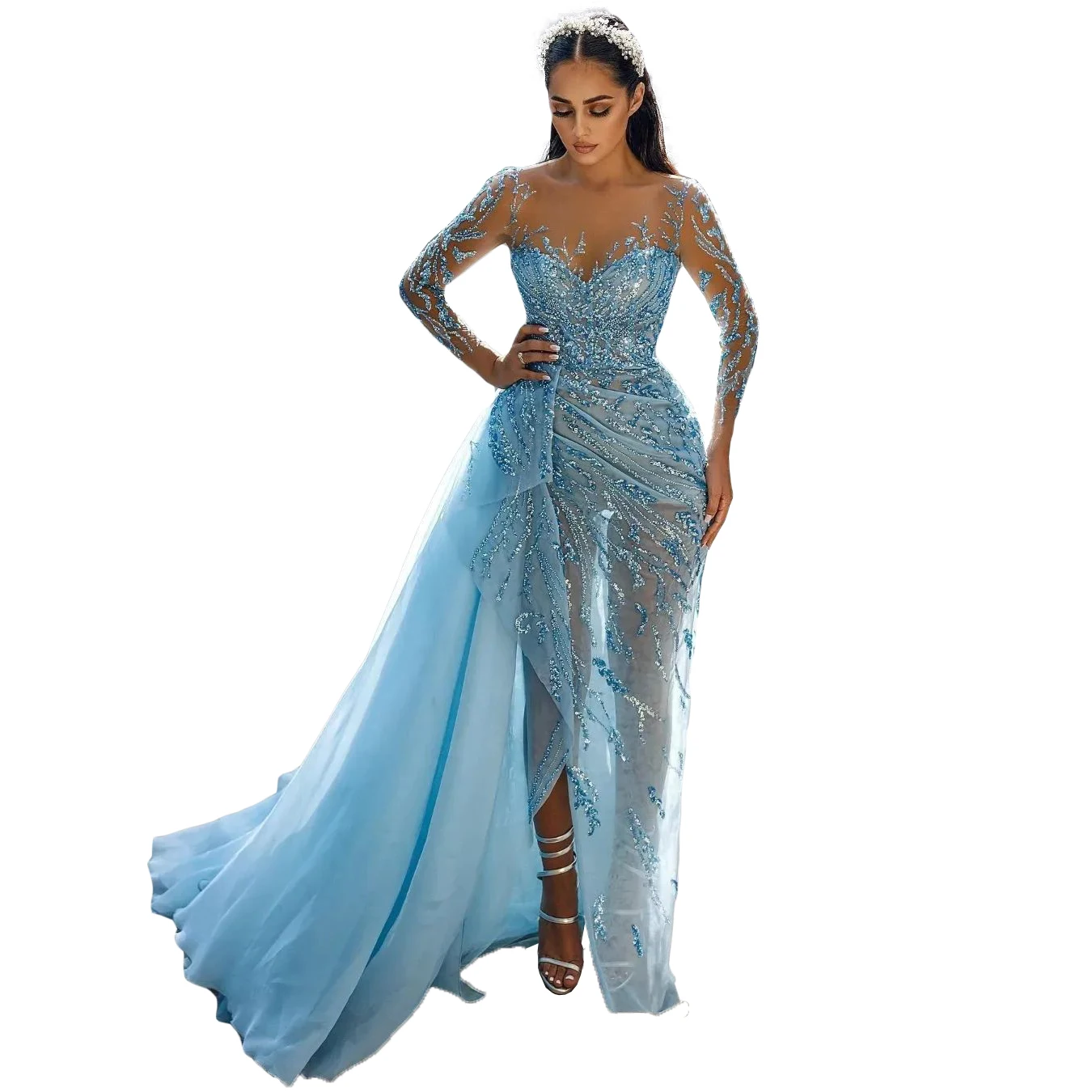 Luxurious Sexy Evening Dresses Full Sleeve Side Train Mermaid Prom Dress New Designed Sky Blue High Neck Formal Party Gowns