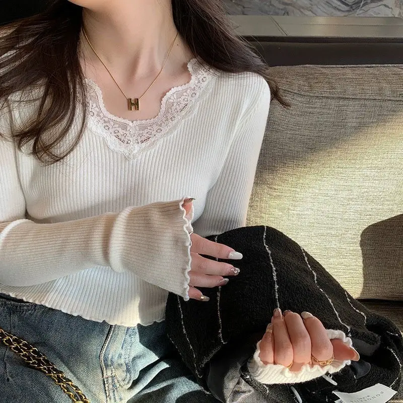 Autumn Women V-neck Long Sleeve Striped Sweaters Warm Solid Color Loose Pullovers Elegant Lace Knitted Ladies Casual Jumpers