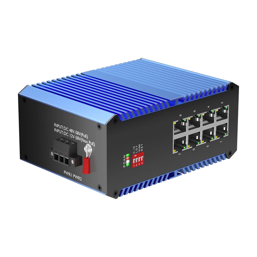 Switch Ethernet industriale non gestito Gigabit a 8 porte 10/100/1000 Mbps |   Robusta custodia in alluminio |   Guida DIN |   Da -40 a 75 ° C