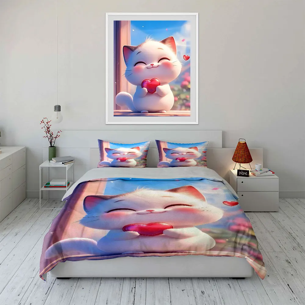 White cat holding red crystal heart Print Bedding Set 1 Duvet Cover 2 Pillowcases for Adult and Children Luxury Gift Full Size 4